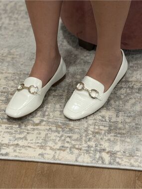 Classic White Croc-Embossed Loafers with Gold Bit